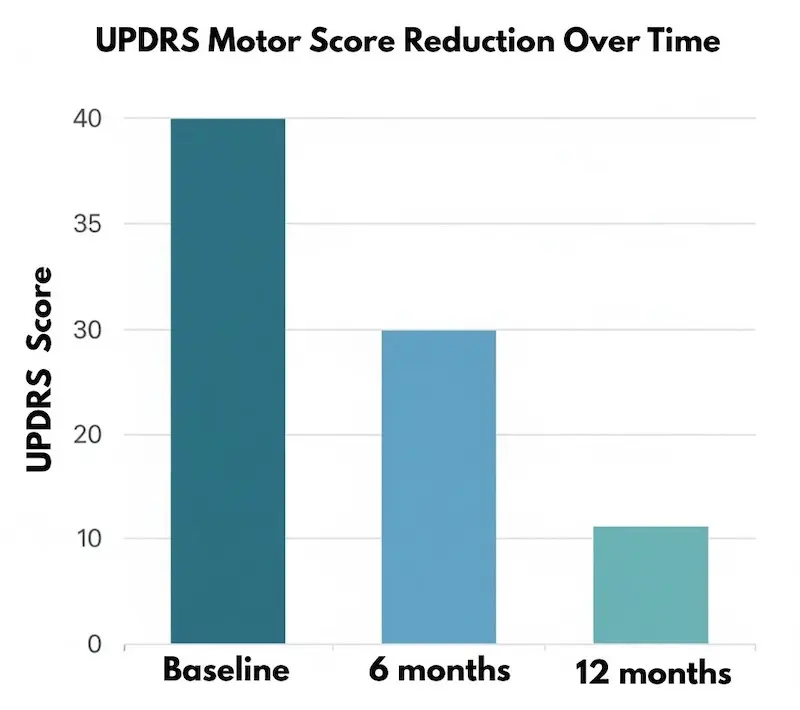 Bar chart showing UPDRS motor score changes in Parkinson's disease patients receiving mesenchymal stem cell therapy across published clinical trials at baseline, 6 months, and 12 months