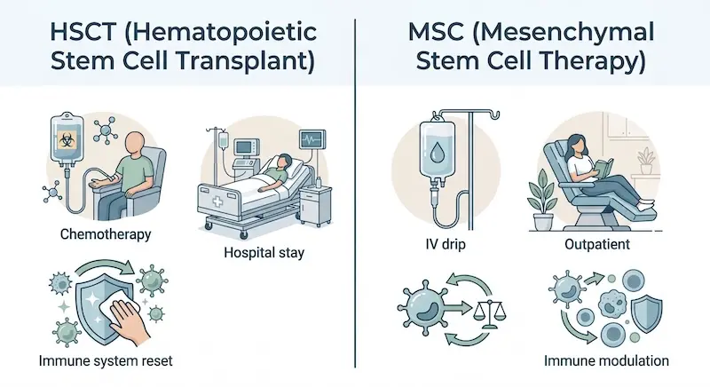 Comparison diagram showing the difference between HSCT chemotherapy-based stem cell transplant and mesenchymal stem cell therapy for multiple sclerosis
