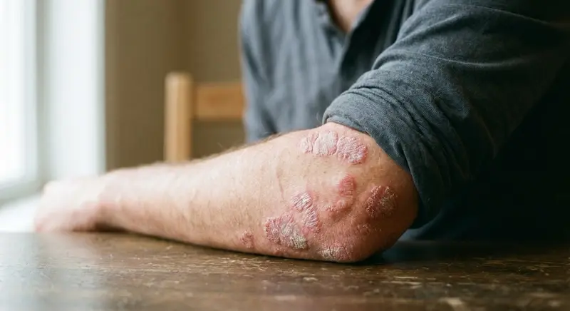 Inflamed psoriasis plaques on the elbow of an adult with chronic plaque psoriasis