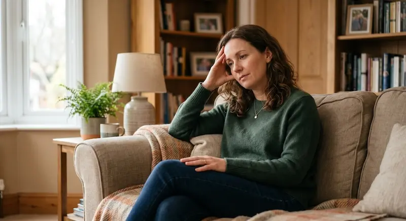 Adult experiencing fatigue and limited mobility from multiple sclerosis, sitting and resting during daily activity