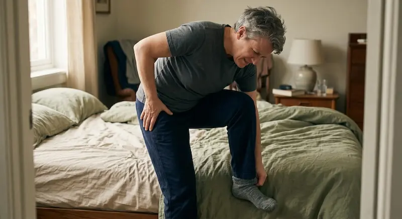 A middle-aged adult struggling to put on socks while sitting on the edge of a bed due to hip osteoarthritis stiffness and groin pain