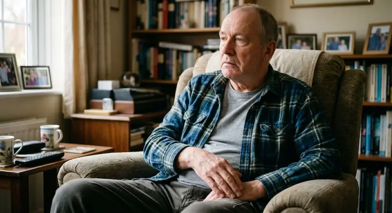 Older adult holding a coffee cup with a subtle hand tremor on the affected side, representing post-stroke sequelae and the search for recovery beyond rehabilitation
