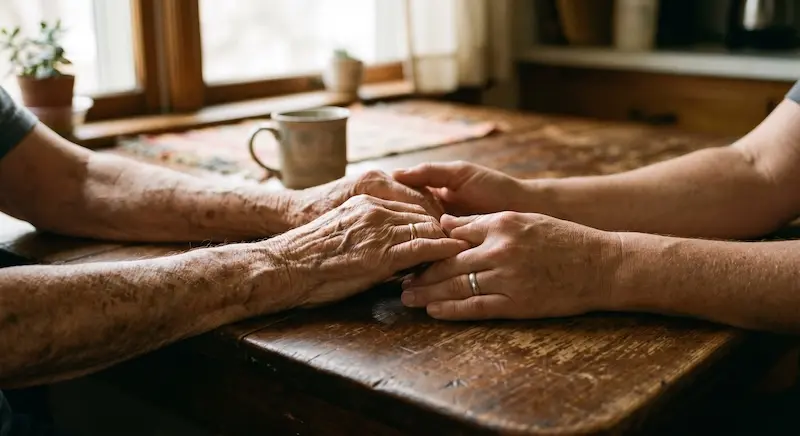Elderly hands clasped with the hands of an adult child, representing dementia caregiving and the search for stem cell treatment options