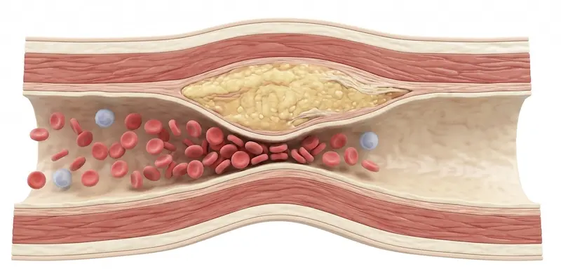 Cross-section illustration of an artery narrowed by atherosclerosis plaque buildup restricting blood flow