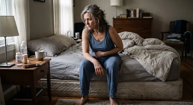 Adult sitting at the edge of a bed in the early morning holding their abdomen, representing the daily reality of ulcerative colitis