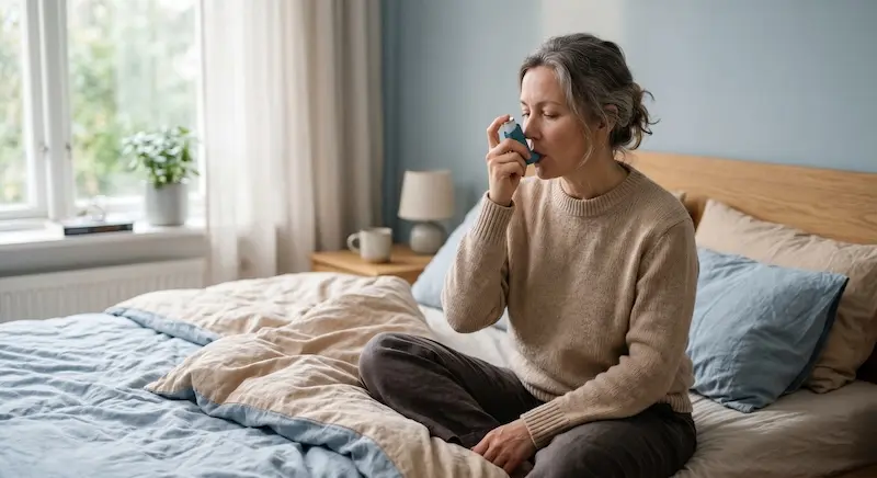 Adult using a rescue inhaler at home, illustrating the daily reality of uncontrolled severe asthma