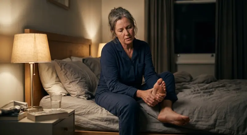 Person holding their foot with burning and tingling sensations from peripheral neuropathy