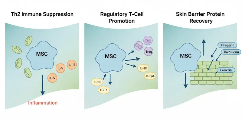 Diagram showing three mechanisms of mesenchymal stem cell therapy in atopic dermatitis: Th2 immune suppression, regulatory T-cell support, and skin barrier recovery