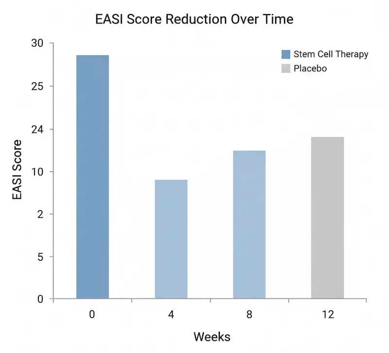 Bar chart showing Eczema Area and Severity Index score reduction in atopic dermatitis patients after umbilical cord blood mesenchymal stem cell therapy at four, eight, and twelve weeks