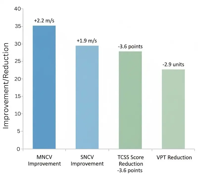 Bar chart showing improvements in motor and sensory nerve conduction velocity and reductions in Toronto Clinical Scoring System scores after peripheral neuropathy stem cell therapy