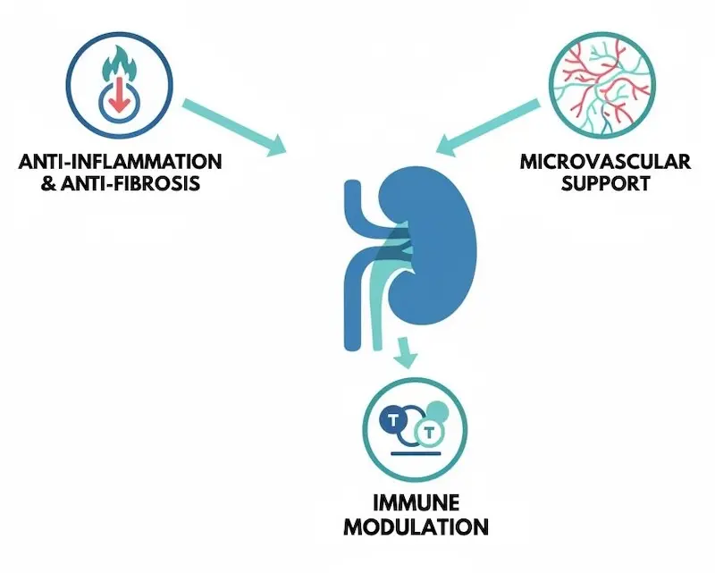Diagram showing three biological mechanisms of mesenchymal stem cell therapy for chronic kidney disease: anti-fibrotic signaling, microvascular and tubular support, and immune modulation
