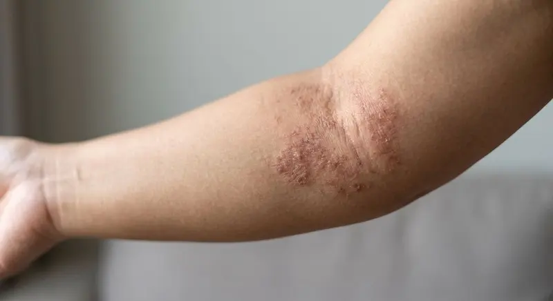 Adult forearm with patches of inflamed, dry, scaly skin characteristic of atopic dermatitis