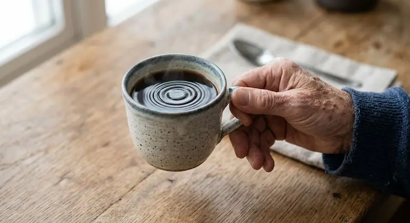 Adult hand holding a coffee cup with visible tremor, illustrating early Parkinson's disease motor symptoms