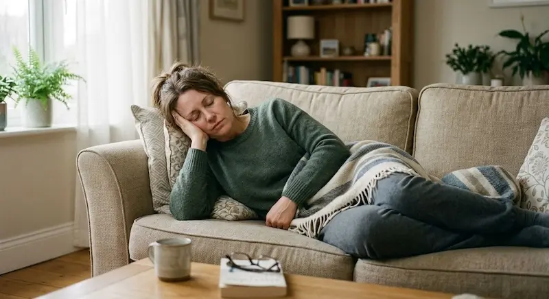 Adult resting on a sofa during the day with eyes closed, illustrating the persistent exhaustion of post-viral fatigue and long COVID