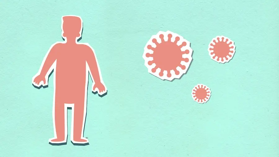 Pink paper cutouts of a human silhouette and three virus particles of varying sizes on a light teal background.
