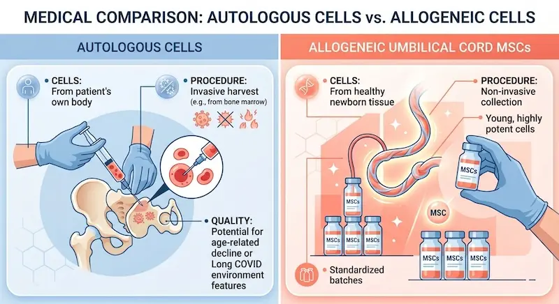 Comparison diagram of autologous bone marrow stem cells versus allogeneic umbilical cord stem cells for Long COVID treatment